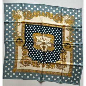 Versace Medusa Silk Twill Barocco Foulard Scarf Blue/Polka Dots 35”x 34” Italy